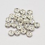 Rack Plating Rondelle Brass Grade A Rhinestone Spacer Beads, Cadmium Free & Lead Free, Silver Color Plated, Crystal, 4x2mm, Hole: 0.5mm(RB-D301-09S)