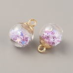 Transparent Glass Globe Pendants, with Plastic Glitter Sequins Inside and Golden Pendant Bails, Round Charms, Lilac, 21x16mm, Hole: 2.5mm(FIND-WH0146-35A)