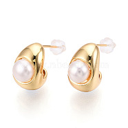 Teardrop Brass Natural Pearl Stud Earrings, with 925 Sterling Silver Pins, Real 18K Gold Plated, 14~14.5x9.5~10mm, Pin: 0.7mm, Pearl: 6.5~7mm(PEAR-N020-05Z)