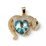Real 18K Gold Plated Rack Plating Brass Micro Pave Clear Cubic Zirconia Pendants, with Glass, Long-Lasting Plated, Cadmium Free & Lead Free, Leopard with Heart Charm, Pale Turquoise, 24.5x25x8.2mm, Hole: 5x3.2mm(KK-C015-13G-06)