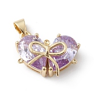 Rack Plating Brass Micro Pave Cubic Zirconia Pendants, Long-Lasting Plated, Cadmium Free & Lead Free, Real 18K Gold Plated, Heart with Bowknot Charm, Medium Purple, 19x18x8mm, Hole: 5x3mm(KK-E003-18G-01)
