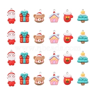 24Pcs 6 Styles Christmas Opaque Resin Pendants, with Platinum Tone Iron Loops, House & Santa Claus & Christmas Tree, Mixed Shapes, Mixed Color, 24~32x17~22x6~8.5mm, Hole: 2x2.1~2.7mm, 4pcs/style(RESI-FS0001-43)