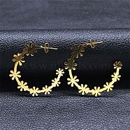 304 Stainless Steel Flower Stud Earrings, Half Hoop Earrings, Golden, 39x8.5mm(EJEW-Q789-12G)
