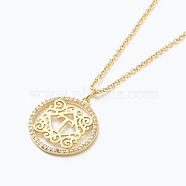 Brass Micro Pave Clear Cubic Zirconia Pendant Necklaces, Flat Round with Letter, Real 18K Gold Plated, Letter.T, 16.14~17.20 inch(41~43.7cm)(NJEW-E153-01T)