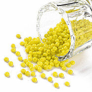 Glass Seed Beads, Opaque Colours Seed, Round, Yellow, Size: about 2mm in diameter, hole:1mm, about 6666pcs/100g(X1-SEED-A010-2mm-42)