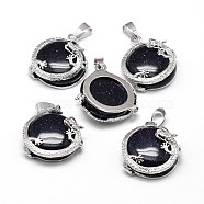 Flat Round with Dragon Platinum Plated Brass Synthetic Blue Goldstone Pendants, Cadmium Free & Lead Free, 26.5x24x9mm, Hole: 7x4mm(G-F228-24F-RS)