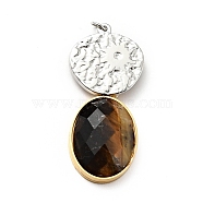Faceted Natural Tiger Eye Pendants, with Ion Plating(IP) 304 Stainless Steel Findings, Flat Round & Oval Charms, Golden & Stainless Steel Color, 36.5x16x6mm, Hole: 2.6mm(G-D473-01GP-02)