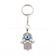 Alloy Enamel Keychain, with Iron Split Key Rings, Hamsa Hand with Evil Eye, Blue, Antique Silver, 10.1cm(KEYC-JKC00247-01)