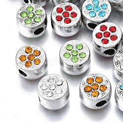 UV Plating Acrylic European Beads, with Rhinestone, Large Hole Beads, No Metal Core, Mixed Color, Flat Round, Platinum, 12.5x9.5mm, Hole: 4mm(OACR-N010-040P)