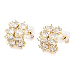 Brass Pave Clear Cubic Zirconia Stud Earrings for Women, Square, Real 18K Gold Plated, 18x20mm(EJEW-S225-08G-01)