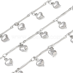 Rack Plating 304 Stainless Steel Bar link chain, with Heart Charm, Soldered, with Spool, Stainless Steel Color, 14x2x1mm, about 16.40 Feet(5m)/Roll(CHS-N009-02P)
