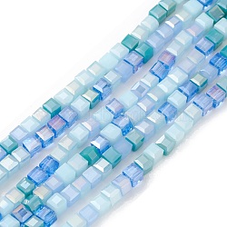 Gradient Color Electroplate Glass Bead Strands, AB Color Plated, Faceted, Cube, Pale Turquoise, 4x4x4mm, Hole: 1.2mm, about 94~97pcs/strand, 14.84~15.28 inch(37.7~38.8cm)(X1-GLAA-E042-05A)