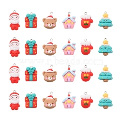 24Pcs 6 Styles Christmas Opaque Resin Pendants, with Platinum Tone Iron Loops, House & Santa Claus & Christmas Tree, Mixed Shapes, Mixed Color, 24~32x17~22x6~8.5mm, Hole: 2x2.1~2.7mm, 4pcs/style(RESI-FS0001-43)