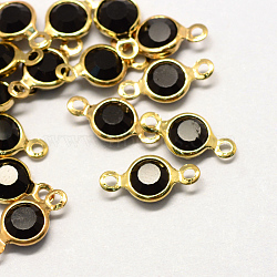 Transparent Glass Links connectors, with Brass Findings, Faceted Flat Round, Black, 13.5x6.5x3mm, Hole: 1.5mm(X-GLAA-R180-6mm-A01)