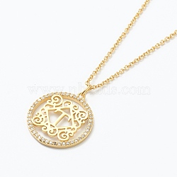 Brass Micro Pave Clear Cubic Zirconia Pendant Necklaces, Flat Round with Letter, Real 18K Gold Plated, Letter.T, 16.14~17.20 inch(41~43.7cm)(NJEW-E153-01T)