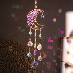 Moon Natural Amethyst Chips & Glass Suncatchers, Hanging Pendant Decorations with Golden Metal Findings, 360mm(PW-WG56063-03)