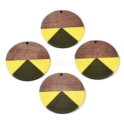 Resin & Walnut Wood Pendants, Flat Round, Olive, 38x3mm, Hole: 2mm(RESI-S389-070A-A07)