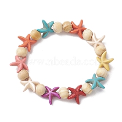 Beach Starfish Dye Synthetic Turquoise Beaded Stretch Barcelets, Summer Wood Beaded Stretch Bracelets for Women, Colorful, Inner Diameter: 1-7/8~2 inch(4.7~5.1cm), Bead: 7x8~8.5mm, Starfish: 14x14mm(BJEW-JB10294-01)