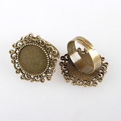Vintage Adjustable Iron Flower Finger Ring Components Alloy Cabochon Bezel Settings, Cadmium Free & Nickel Free & Lead Free, Antique Bronze, Flat Round Tray: 14mm, 17mm(X-PALLOY-O036-01AB-NF)