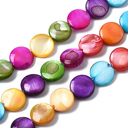 Natural Freshwater Shell Beads Strands, Dyed, Flat Round, Mixed Color, 8~9x2~3mm, Hole: 0.8mm, about 44~45pcs/strand, 15.35 inch(39cm)(SHEL-S278-019A)