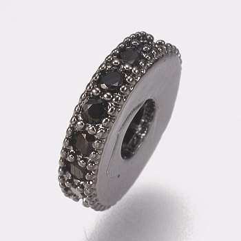 Brass Micro Pave Cubic Zirconia Bead Spacers, Flat Round, Black, Gunmetal, 10x2mm, Hole: 3.5mm