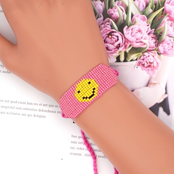 Glass Seed Braided Bead Bracelet, Smiling Face Friendship Bracelet for Women, Hot Pink, 11 inch(28cm)