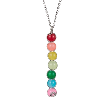 Colorful Glass Round Beaded Pendant Necklaces, with Iron Cable Chains, Platinum, 17.60 inch(44.7cm)