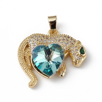 Real 18K Gold Plated Rack Plating Brass Micro Pave Clear Cubic Zirconia Pendants, with Glass, Long-Lasting Plated, Cadmium Free & Lead Free, Leopard with Heart Charm, Pale Turquoise, 24.5x25x8.2mm, Hole: 5x3.2mm