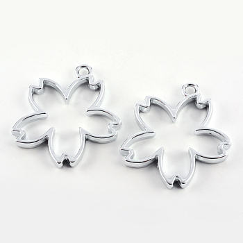 Rack Plating Alloy Sakura Open Back Bezel Pendants, For DIY UV Resin, Epoxy Resin, Pressed Flower Jewelry, Hollow, Cadmium Free & Nickel Free & Lead Free, Silver Color Plated, 31.5x30x3.5mm, Hole: 2.8mm