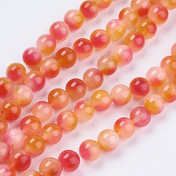 Two Tone Natural White Jade Bead Strands, Dyed, Round, Camellia, 8mm, Hole: 1mm, about 48pcs/strand, 14.9 inch