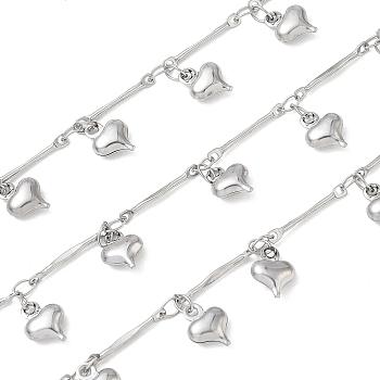 Rack Plating 304 Stainless Steel Bar link chain, with Heart Charm, Soldered, with Spool, Stainless Steel Color, 14x2x1mm, about 16.40 Feet(5m)/Roll