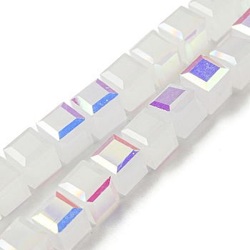 Electroplate Glass Beads Strands, Half Rainbow Plated, Faceted, Cube, White, 7~7.5x7~7.5x7~7.5mm, Hole: 1mm