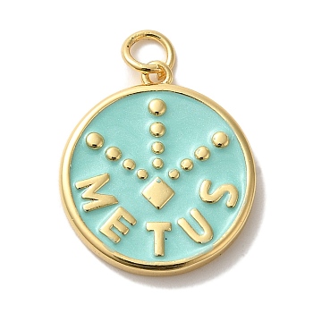 Brass Enamel Pendants, with Jump Ring, Real 18K Gold Plated, Cadmium Free & Lead Free, Flat Round with Word Metus Charm, Pale Turquoise, 20.5x18x2.5mm, Hole: 3mm