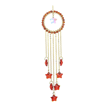 Glass Star Pendant Decorations, Hanging Suncatchers, with Natural Red Agate Bead, for Home Decorations, 221mm