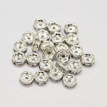 Rack Plating Rondelle Brass Grade A Rhinestone Spacer Beads, Cadmium Free & Lead Free, Silver Color Plated, Crystal, 4x2mm, Hole: 0.5mm