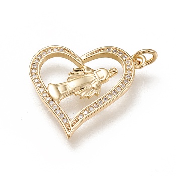 Brass Micro Pave Clear Cubic  Zirconia Pendants, with Jump Rings, Heart with Holy Virgin, Real 18K Gold Plated, 25x22x2mm, Jump Ring: 5x1mm, 3mm Inner Diameter