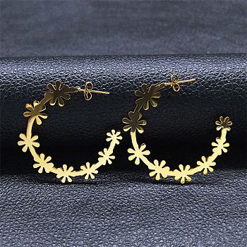 304 Stainless Steel Flower Stud Earrings, Half Hoop Earrings, Golden, 39x8.5mm