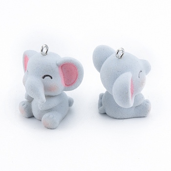 Opaque Resin Pendants, with Platinum Tone Iron Loops, Flocky Elephant Charm, Light Blue, 34x33x24mm, Hole: 3mm