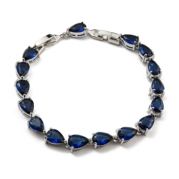 Teardrop Glass Link Chain Bracelets, Rack Plating Platinum Plated Brass Jewelry for Women, Dark Blue, 8 inch(20.3cm)