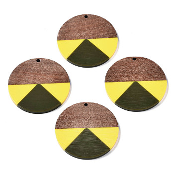 Resin & Walnut Wood Pendants, Flat Round, Olive, 38x3mm, Hole: 2mm