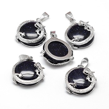 Flat Round with Dragon Platinum Plated Brass Synthetic Blue Goldstone Pendants, Cadmium Free & Lead Free, 26.5x24x9mm, Hole: 7x4mm