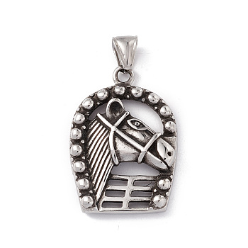 304 Stainless Steel Manual Polishing Pendants, Arch with Horse Charms, Antique Silver, 39x27x5mm, Hole: 4x8.5mm