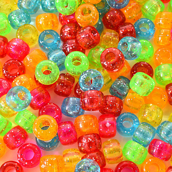 Transparent Acrylic European Beads, Large Hole Beads, with Glitter Powder, AB Color Plated, Column, Mixed Color, 6x9mm, Hole: 4mm, about 200pcs/bag