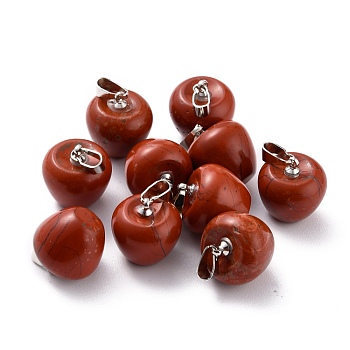 Natural Red Jasper Pendants, with Platinum Brass Loops, Apple, 14~15x14x14mm, Hole: 6x3mm