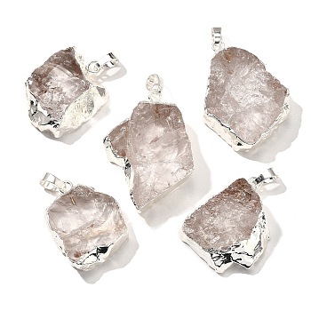 Raw Rough Natural Dyed Quartz Crystal Pendants, Nuggets Charms, with Brass Findings, Silver Color Plated, White, 21~45x18~39x8~19mm, Hole: 7x4.5mm