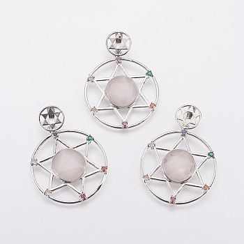 Natural Rose Quartz Pendants, for Jewish, with Brass Findings, Flat Round with Star of David, Platinum, 48mm, Hole: 3x9mm, Pendant: 39x35x5~6mm
