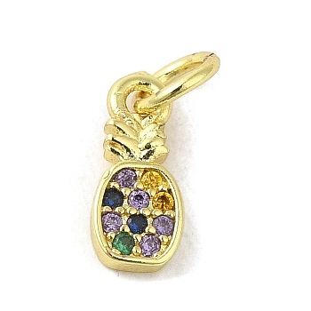 Brass Micro Pave Colorful Cubic Zirconia Charms, Real 18K Gold Plated, Pineapple, 10.5x4.5x1.5mm, Hole: 3mm