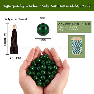 50pcs perles en bois naturel avec motif tartan(DIY-SZ0003-11B)-2