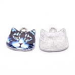 Zinc Alloy Enamel Pendants, Cat, Cadmium Free & Lead Free, Platinum, Dodger Blue, 17x17x2mm, Hole: 2mm, 2pcs/bag(ENAM-CJC0005-01A)