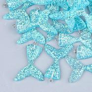 Resin Pendants, with Glitter Powder and Iron Findings, Mermaid Tail Shape, Platinum, Sky Blue, 46x30x6mm, Hole: 2mm(CRES-T010-68E)